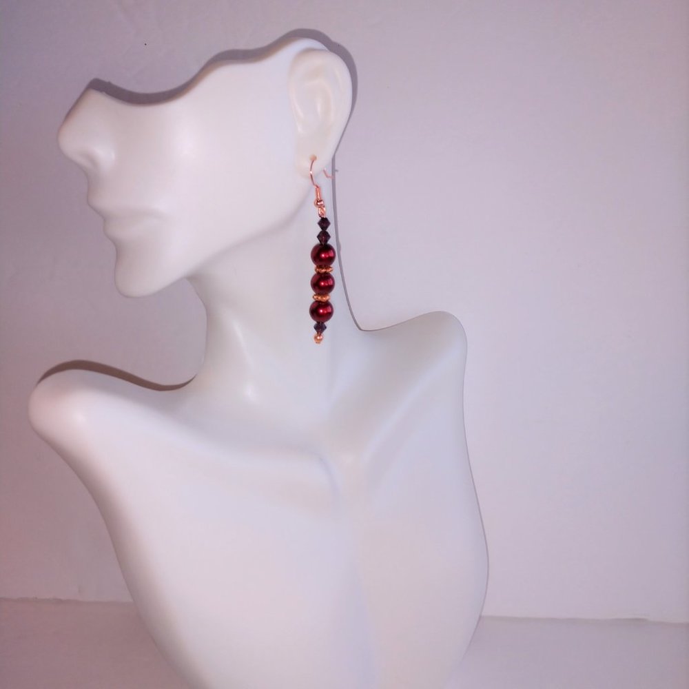 Red Faux Pearl Earrings On Copper Plated Brass Fishhooks Handmade 2.375 inches - Picture 5 of 16
